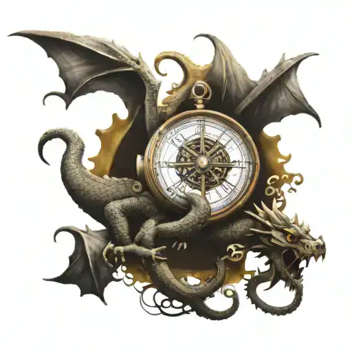 dragon with compass surrounded my music tattoo design idea