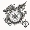 dragon with compass surrounded tattoo design idea