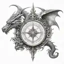 dragon with compass surrounded tattoo design idea