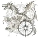 dragon with compass surrounded tattoo design idea