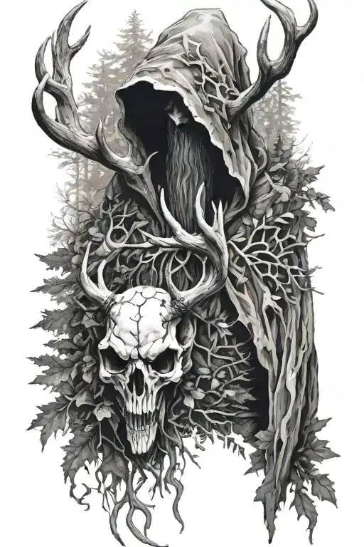 cloaked figure with deer skull as head surronded by forest. tattoo design idea