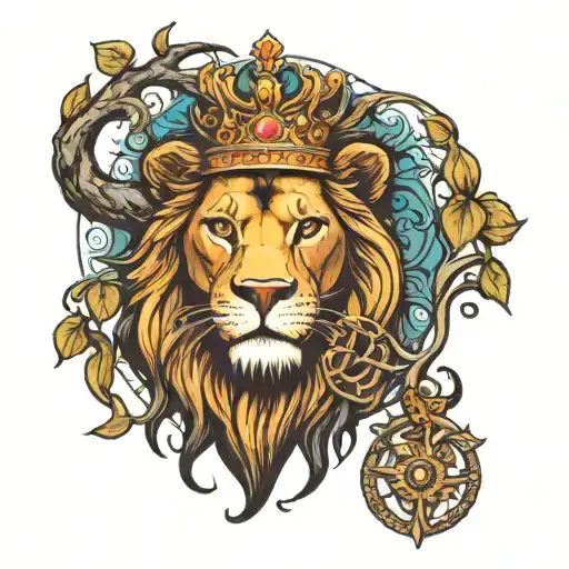 male lion head wearing crown blue eye brown eye scar on lip above the tree of life  tattoo design idea