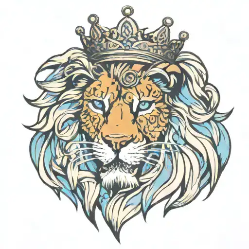 male lion head wearing crown blue eye brown eye scar on lip  tattoo design idea