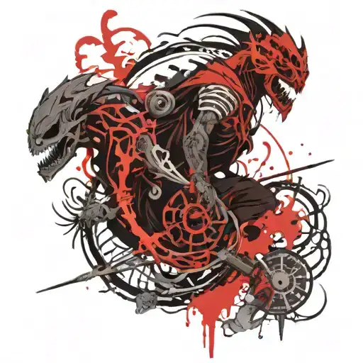 A black ninja next to a black dragon and next to a creepy skeleton tattoo design idea