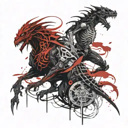 A black ninja next to a black dragon and next to a skeleton tattoo design idea