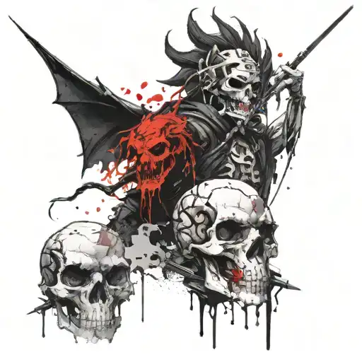 A black ninja next to a black dragon and next to a creepy skull tattoo design idea