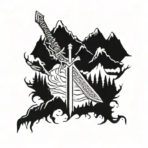 claymore sword with mountains tattoo design idea