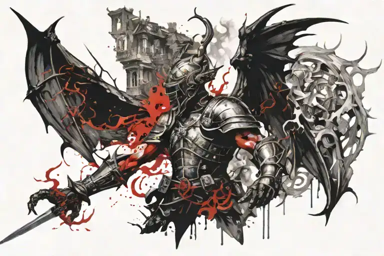 saint florian defeat dragon rising from house fire tattoo design idea