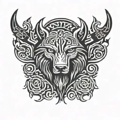 viking armring with runes and wolf heads tattoo design idea