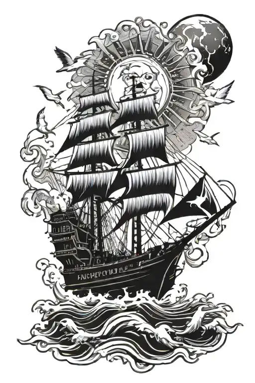 lion head with ship sailing through stormy seas with doves flying into the sun tattoo design idea