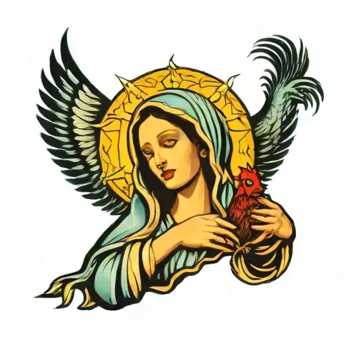 the virgin mary holding a rooster into the sun while crying catholic  tattoo design idea