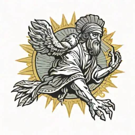 san judas tadeo lifting a rooster into the sun while shedding tears  tattoo design idea