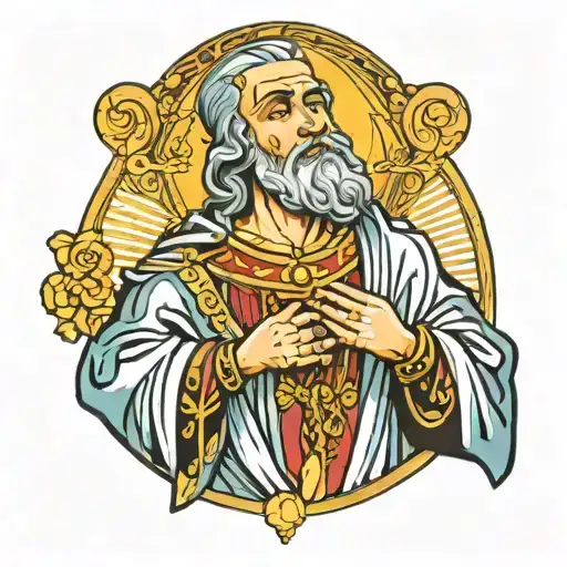 san judas tadeo standing praying with a rosary in his hands crying looking up tattoo design idea