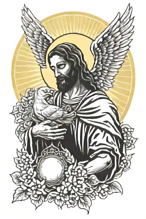 San Judas Tadeo with a rosary holding a baby chick into the sun tattoo design idea