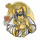 san judas tadeo standing praying with a rosary in his hands crying looking up tattoo design idea