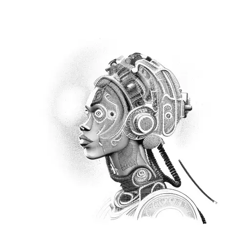 A Nigerian Kalabari-inspired cyborg with intricate circuitry tattoos on their body tattoo design idea