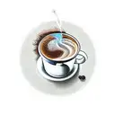 A steaming cup of coffee with a customer service headset wrapped around it tattoo design idea
