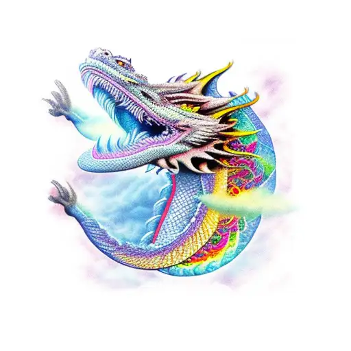 dragon breathing rainbow fire flowers  tattoo design idea