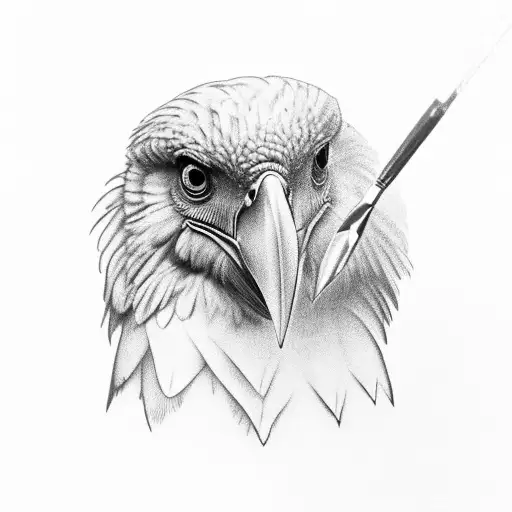 A majestic bird perched on a painter's easel with a mountain range in the background tattoo design idea