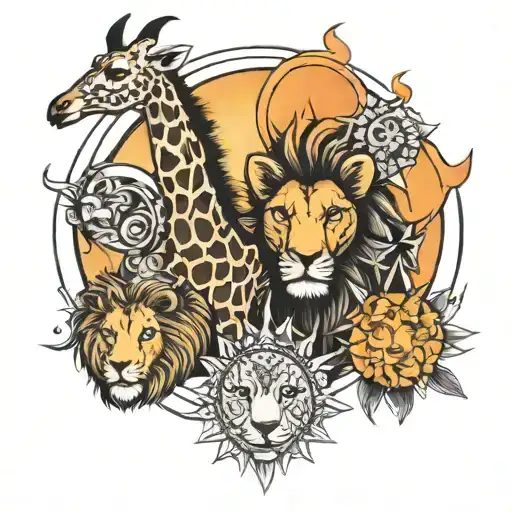 giraffe,lion,moon and sun tattoo design idea