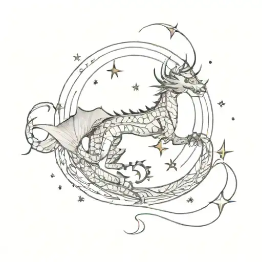 Micro-realistic tattoo of a dragon entwined around a full moon surrounded by stars with a compass tattoo design idea