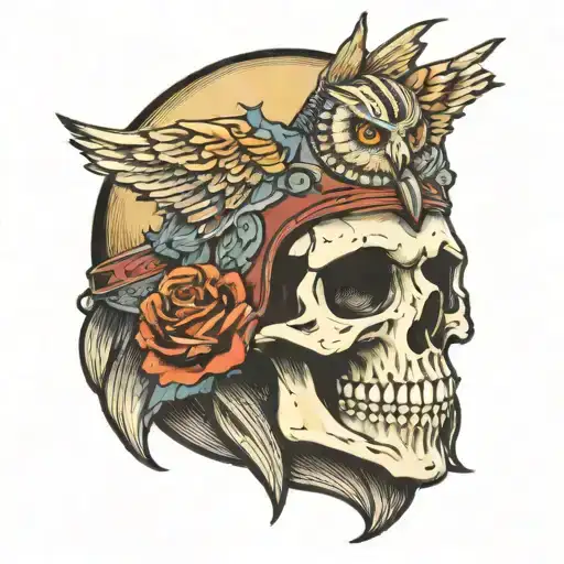 A skull adorned in an owl helmet with star halo tattoo design idea
