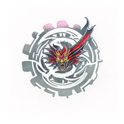 two gears with flaming sword. red moon with dragon in it. flames with singing phoenix tattoo design idea