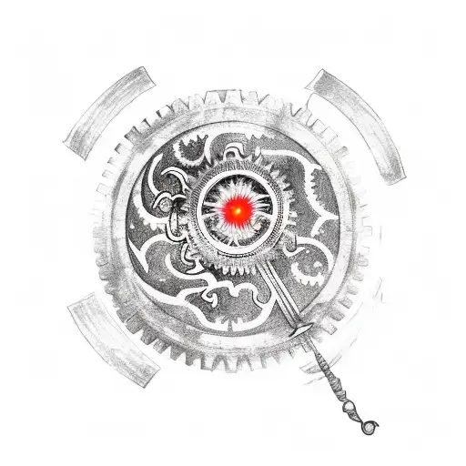 two gears with flaming sword. behind the gears a red moon with dragon in it. out of the flames comes a singing phoenix.  tattoo design idea