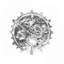 two gears with flaming sword. behind the gears a red moon with dragon in it. out of the flames comes a singing phoenix.  tattoo design idea