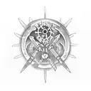 two gears with flaming sword. behind the gears a red moon with dragon in it. out of the flames comes a singing phoenix.  tattoo design idea