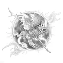 two gears with flaming sword. behind the gears a red moon with dragon in it. out of the flames comes a singing phoenix.  tattoo design idea