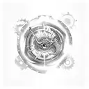 two gears with flaming sword. behind the gears a red moon with dragon in it. out of the flames comes a singing phoenix.  tattoo design idea