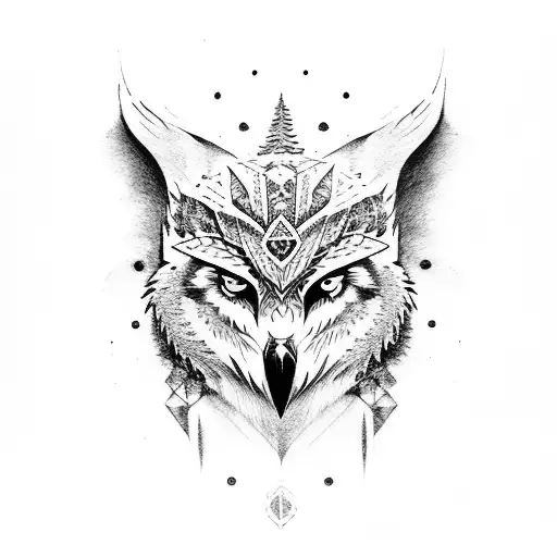 snow owl wolf and forest tattoo design idea