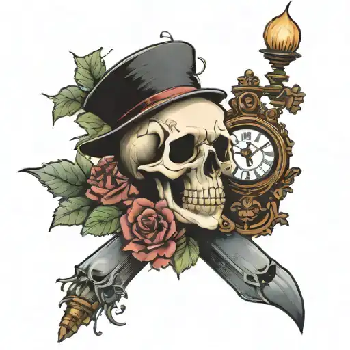 skull, cuckoo clock, rose, candlestick tattoo design idea