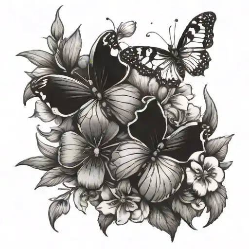 a bouquet of violets and primroses with butterflies  tattoo design idea