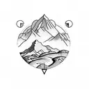 A mountain range with a hiking trail winding through it, with a navigation compass as the focal point tattoo design idea
