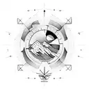 A mountain range with a hiking trail winding through it, with a navigation compass as the focal point tattoo design idea