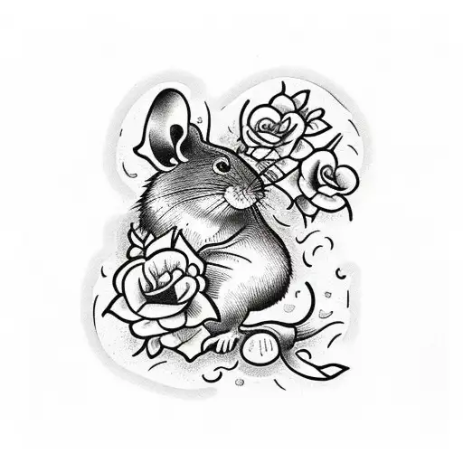ratoncito saliendo de taza rodeada de flores tattoo design idea