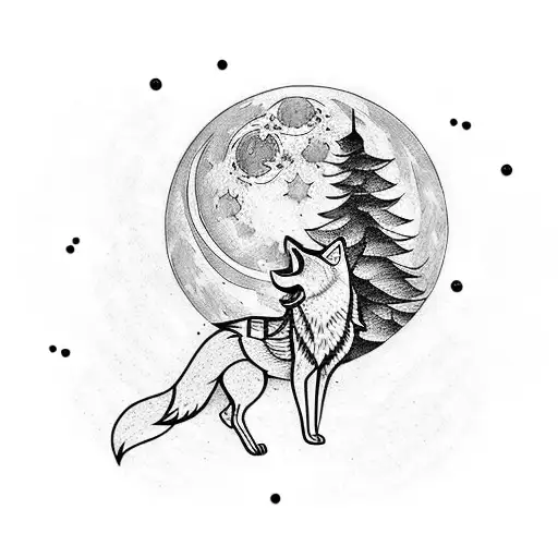 A traditional style tattoo featuring a wolf howling at the moon, with spruce trees framing the scene tattoo design idea