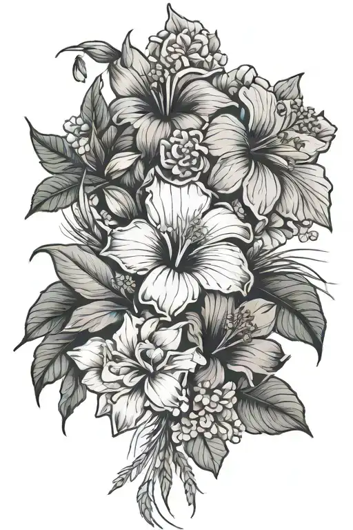hibiscus, plumeria, peony, roses, and wheat tattoo design idea