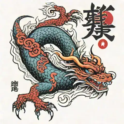 Japanese dragon wrapped around left forearm with the kanji of luck and peace written on his body  tattoo design idea