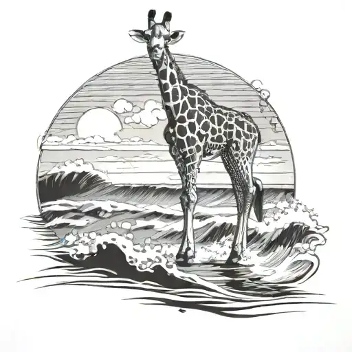 A majestic giraffe gracefully standing on the beach, with waves crashing in the background tattoo design idea