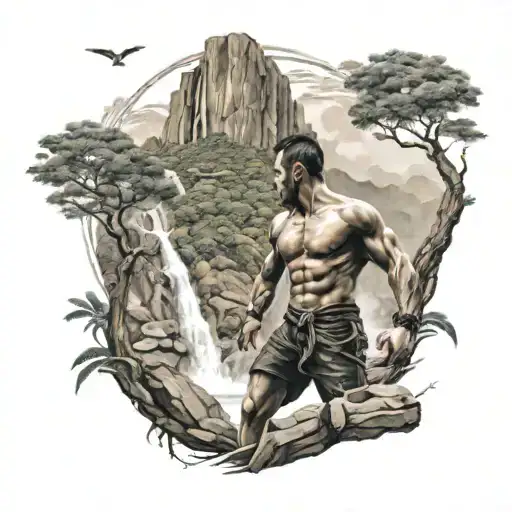 A mountain landscape with a waterfall and a Muay Thai fighter training in the foreground tattoo design idea
