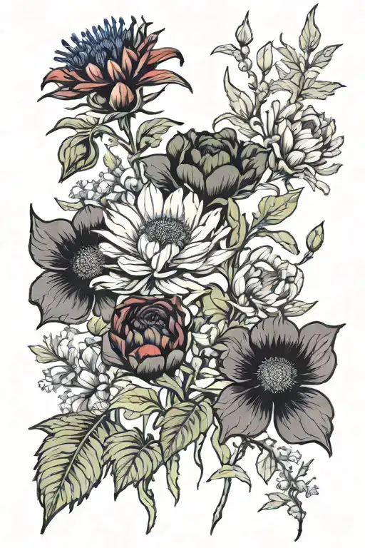 Centaurea Cyanus, rose, chamomile flower, red poppy flower, shamrock, Costus spectabilis, the thistle, African stock ros tattoo design idea