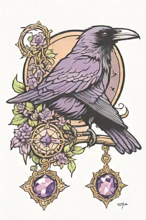 raven moon surrounded with amethyst cruystal tattoo design idea