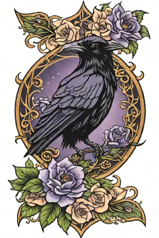 raven crystal amethyst moon flower blooming tattoo design idea