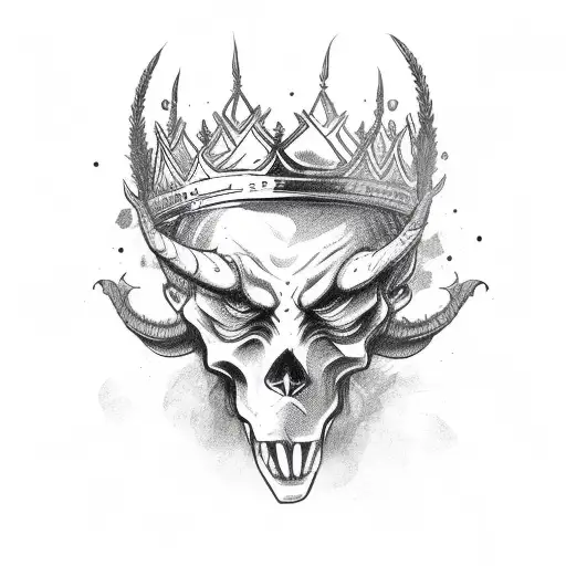 a devil dancing with a crown on its head, background is black and blue flower tattoo design idea