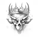a devil dancing with a crown on its head, background is black and blue flower tattoo design idea