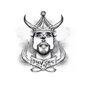 a devil dancing with a crown on its head, background is black and blue flower tattoo design idea