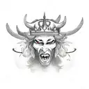 a devil dancing with a crown on its head, background is black and blue flower tattoo design idea